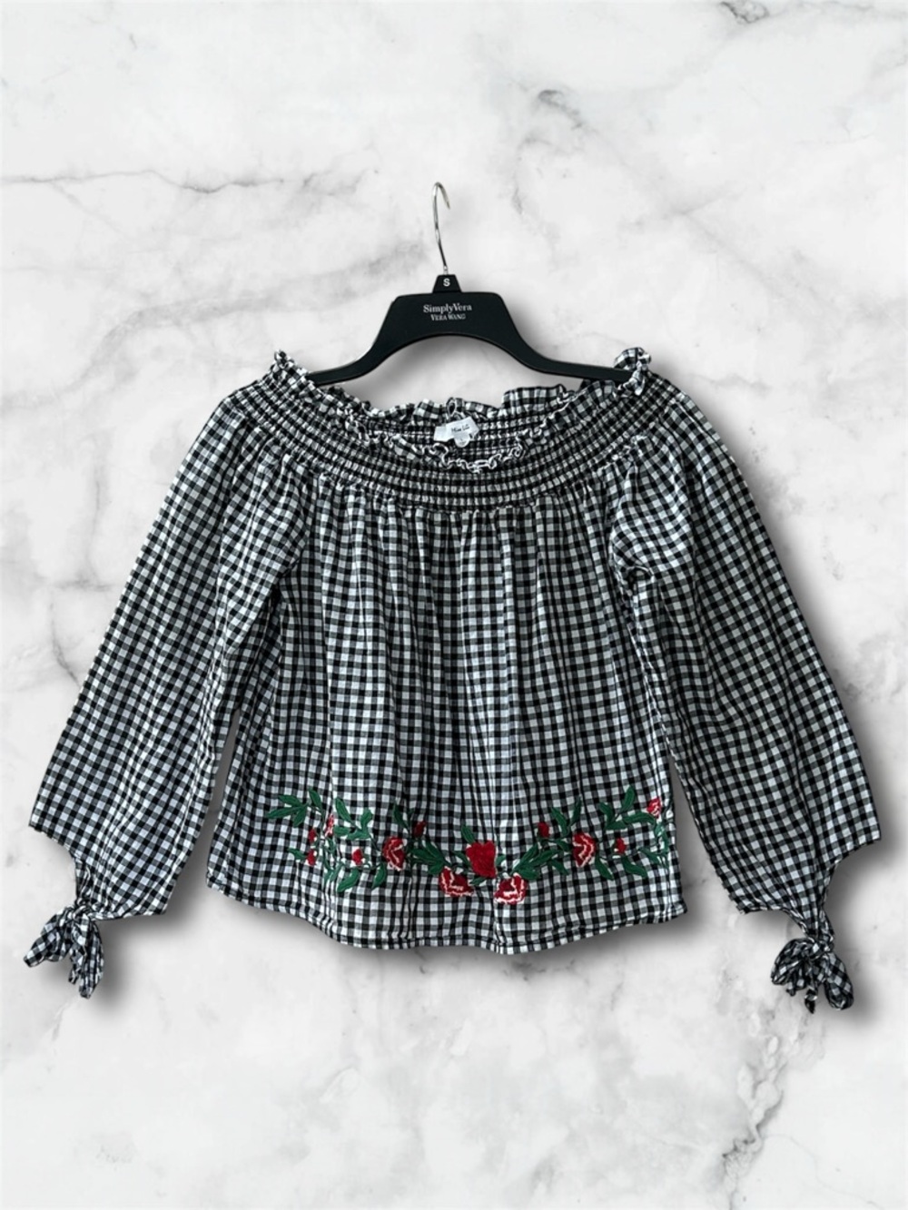 Miss Lili Boho Black White Gingham Off Shoulder Embroidered Peasant Blouse Sz L - Picture 2 of 9